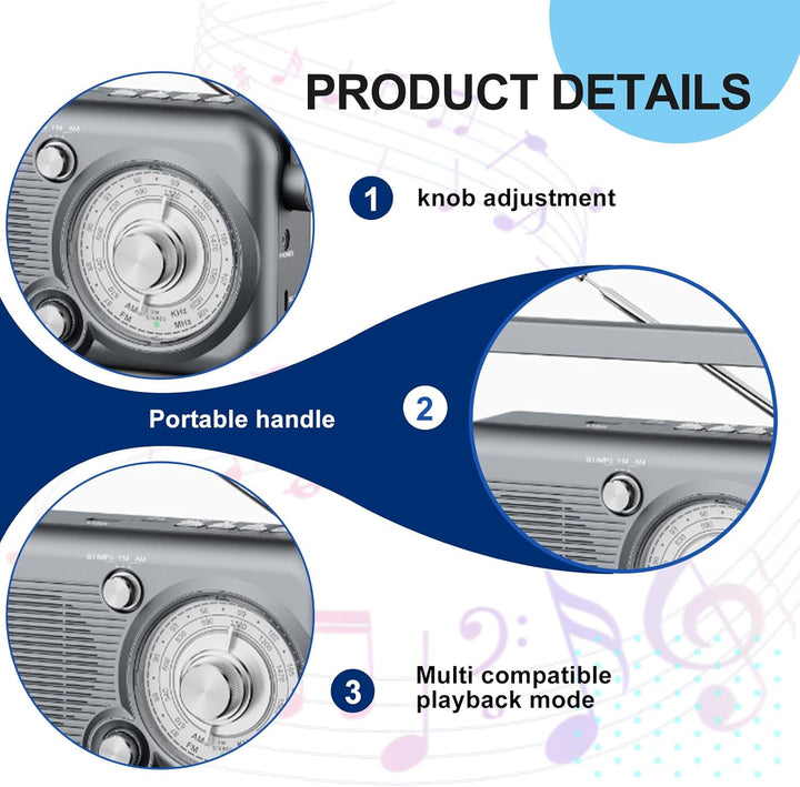 Tragbares Radio mit Bluetooth, AM,FM Kofferradio, Strom & Batteriebetrieb, Eingebautem Lautsprecher