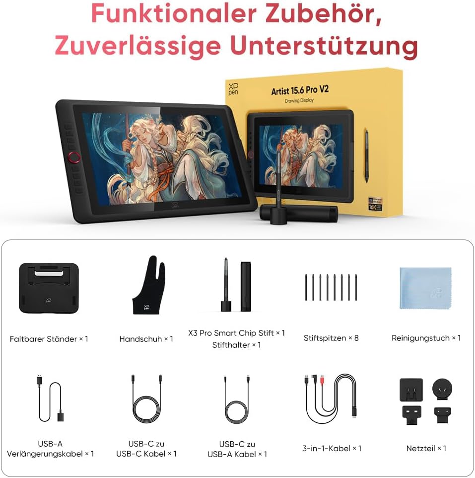 XPPen Artist 15.6 Pro V2 Grafiktablett mit Display, 15,4 Zoll Grafikdisplay mit 16K Druckstufen Stif