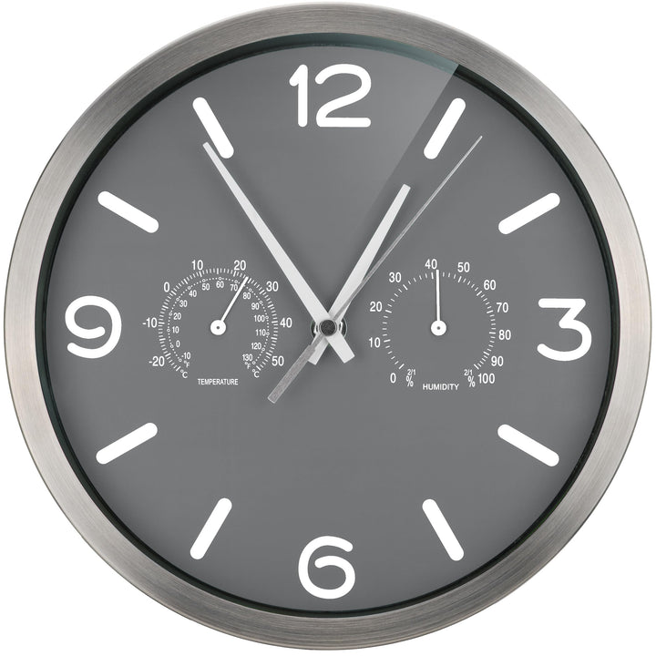 Bresser Funkuhr Wanduhr MyTime ND Thermo-Hygro mit geräuschlosem Funkuhrwerk, Edelstahlrahmen und An