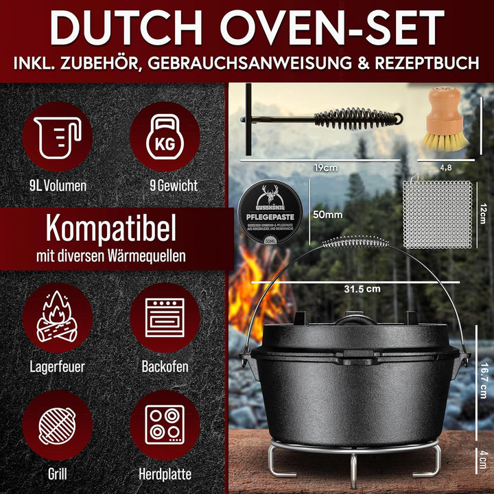 Dutch Oven Set 9 Liter [für 6–10 Person]–Eingebrannter Feuertopf ohne Füsse + praktischem Deckelhebe