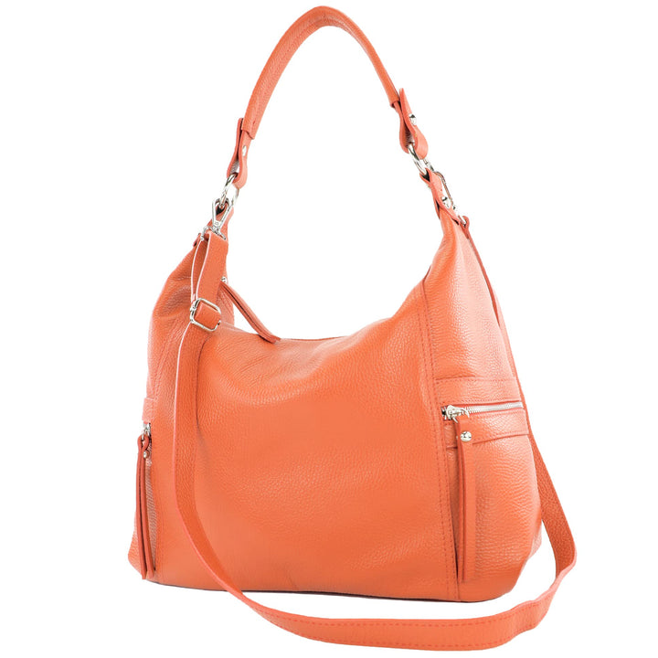 modamoda de - T229 - ital Schultertasche Shopper aus Leder Orange, Orange