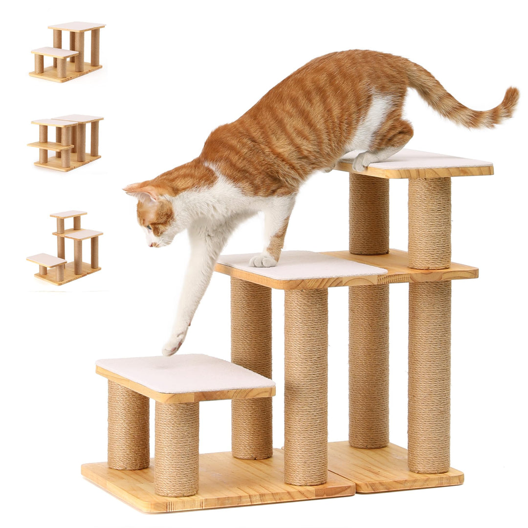 FUKUMARU Hundetreppe, 3 Stufen Haustiertreppe, Katzentreppe aus Kiefernholz und Jute，18-51cm einstel