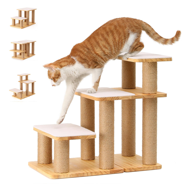 FUKUMARU Hundetreppe, 3 Stufen Haustiertreppe, Katzentreppe aus Kiefernholz und Jute，18-51cm einstel