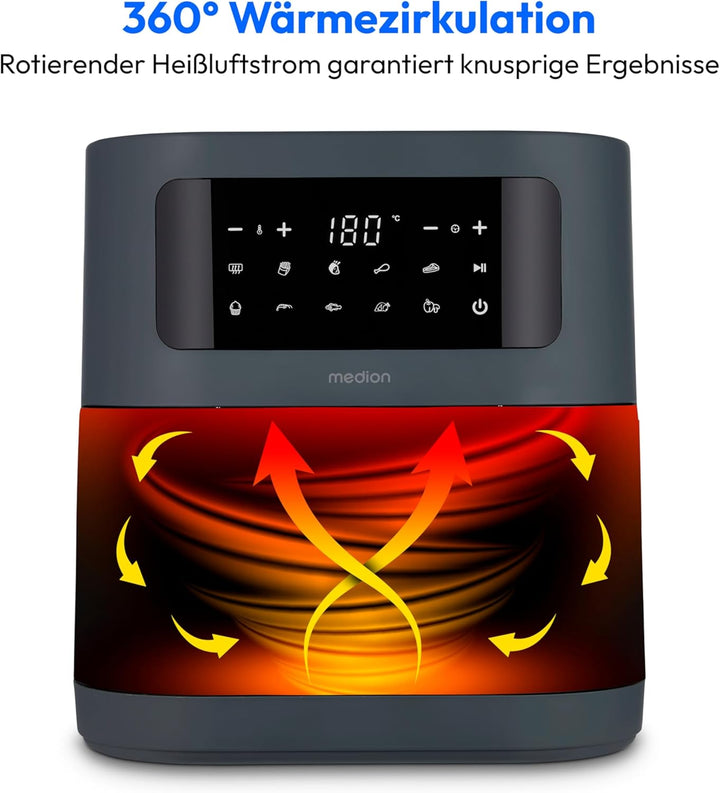 MEDION E40 XL Heissluftfritteuse (5,2 Liter, Airfryer, 2.150 Watt, 9 Automatikprogramme, Backfunktio