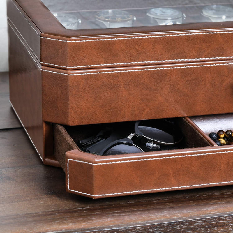 ROTHWELL 12-Fach-Leder-Uhrenbox mit Valet-Schublade – 12-Fach-Luxus-Uhrenetui, Display-Organizer, Mi
