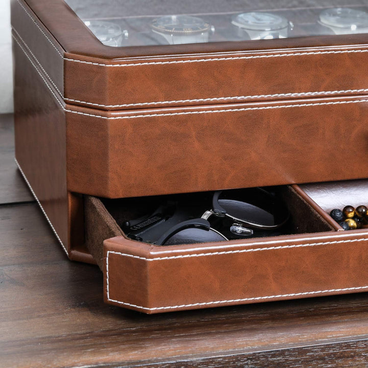 ROTHWELL 12-Fach-Leder-Uhrenbox mit Valet-Schublade – 12-Fach-Luxus-Uhrenetui, Display-Organizer, Mi