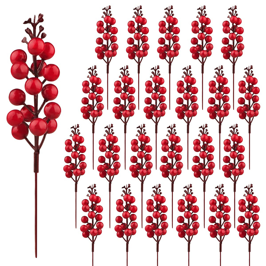 Fangoo 24 Stück Rote Beeren Stiele,Künstliche Burgunder Picks Stechpalme Rote Beeren Zweige Weihnach