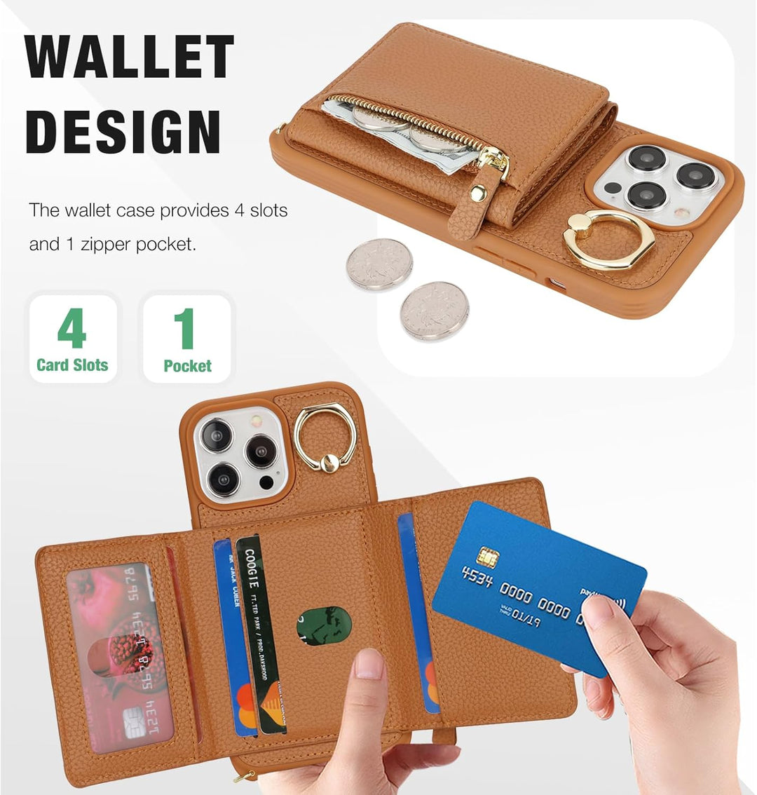 ELTEKER Handyhülle für iPhone 15 Pro Max Hülle mit Band Kartenfach Handykette Ringhalterung Geldbörs