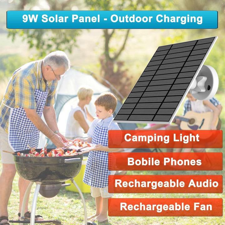9W/5V Solarpanel für Überwachungskamera mit 4m, 3-in-1-Ladekabel (Micro-USB,Typ-C und DC 3,5 x 1,35