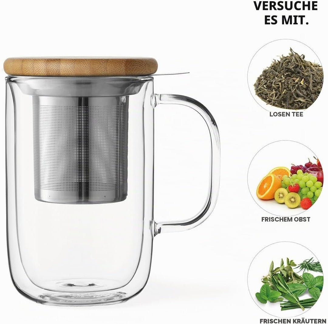 Viva Scandinavia Teetasse Glas doppelwandig mit Griff, Thermoglas mit Edelstahl-Sieb für Losen Tee-B