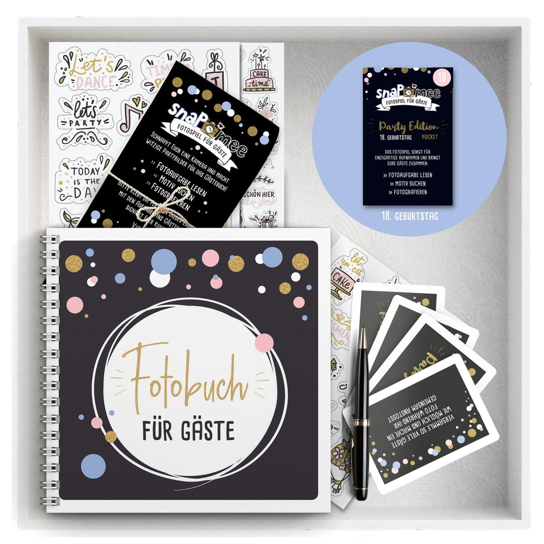 Fotospiel Set 18 Geburtstag by snaPmee - Fotoaufgaben, Hardcover-Gästebuch (21x21cm), Stift, Sticker