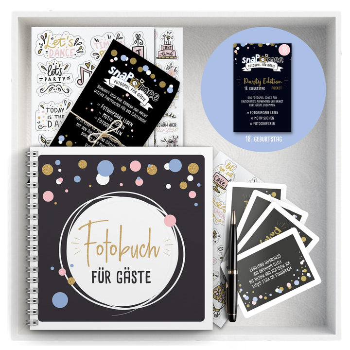 Fotospiel Set 18 Geburtstag by snaPmee - Fotoaufgaben, Hardcover-Gästebuch (21x21cm), Stift, Sticker