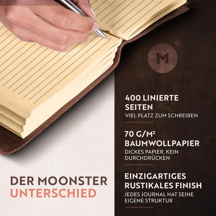 Leder Notizbuch - Ledergebundenes Tagebuch Für Erwachsene, 18x13cm, MOONSTER® Kleines Tagebuch, mit