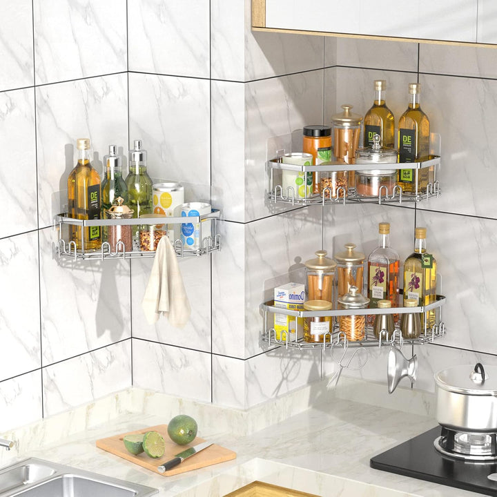 STEUGO Eck-Duschregal, Dusch-Organizer, Eck-Duschregal mit 12 Haken, 3er-Pack selbstklebende Duschre