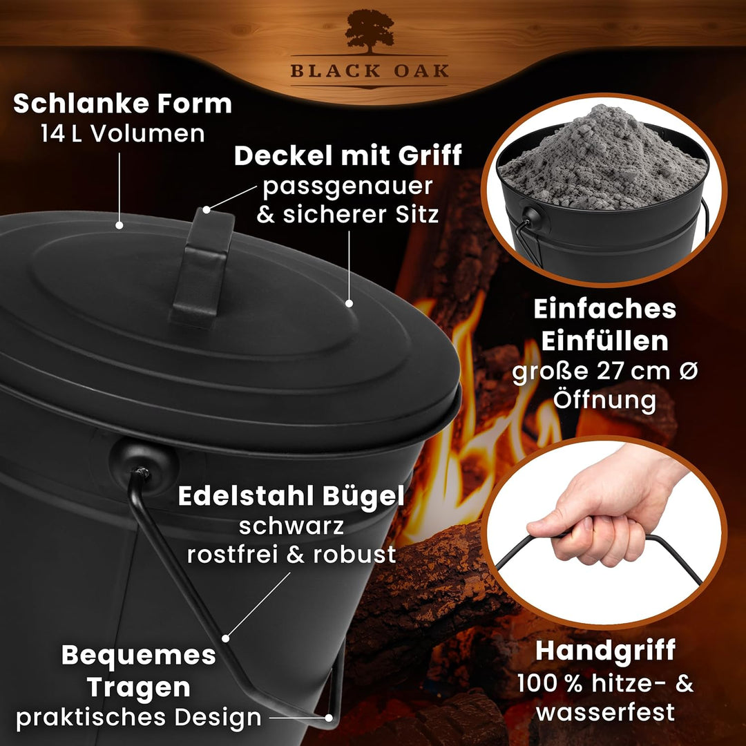 BLACK OAK Ascheeimer ETNA 14L – Set Schaufel Besen &amp; Lederhandschuh schwarz | - gross 14 Liter - Sta