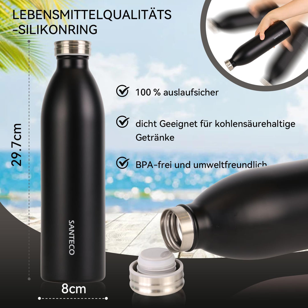 SANTECO Edelstahl Trinkflasche 1L, 100% dicht Thermosflasche 12 h heiss / 24 h kalt, absolut dicht f