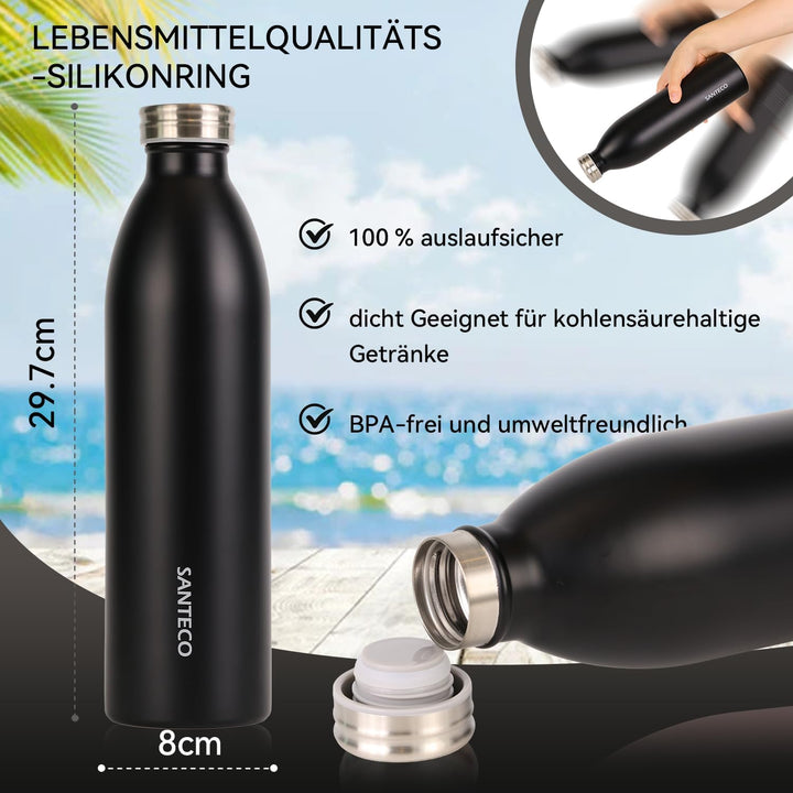 SANTECO Edelstahl Trinkflasche 1L, 100% dicht Thermosflasche 12 h heiss / 24 h kalt, absolut dicht f