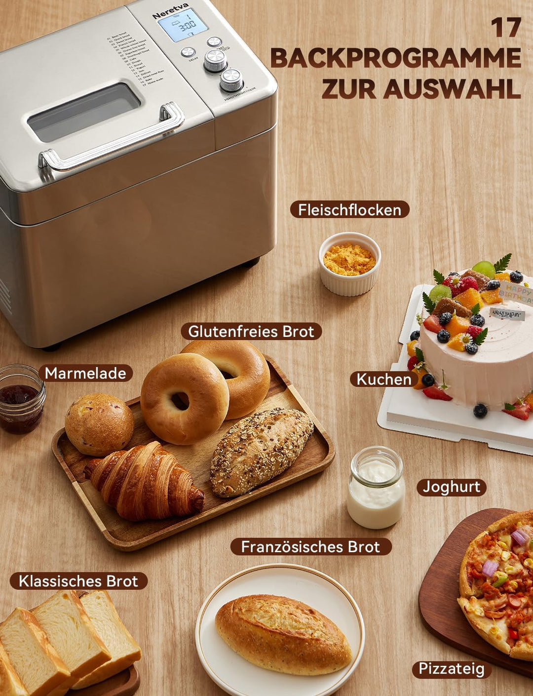 Neretva Brotbackautomat, 17 Programme&1KG Kapazität Brotbackautomaten mit Auto Nuss&Fruchtspender, A