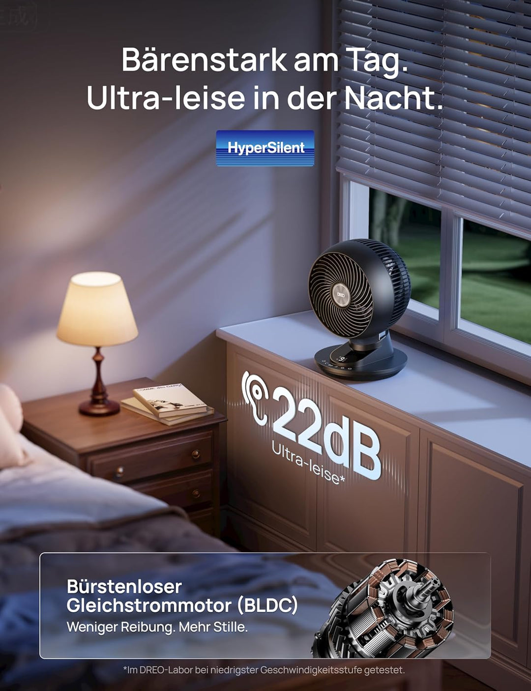 DREO 3D-Oszillierender Tischventilator für Schlafzimmer, 8,8 m/s starker Luftstrom, 22 dB leise, 90°