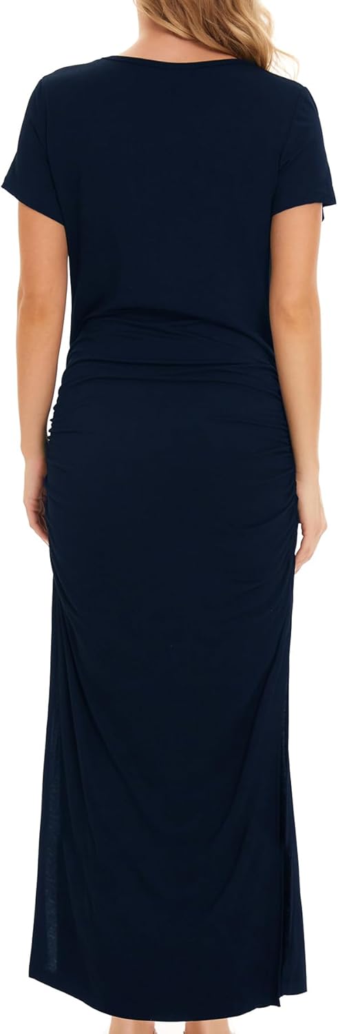 Smallshow Damen Lang Split Umstandskleid Sommer Kurzarm Umstandsmode M Marine, M Marine