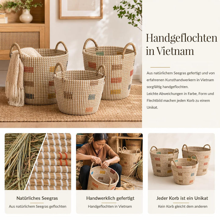 3er Set Aufbewahrungskorb Seegraskorb mit Griffen, Wäschekorb Geflochtener Korb, Handgeflochtener Sp