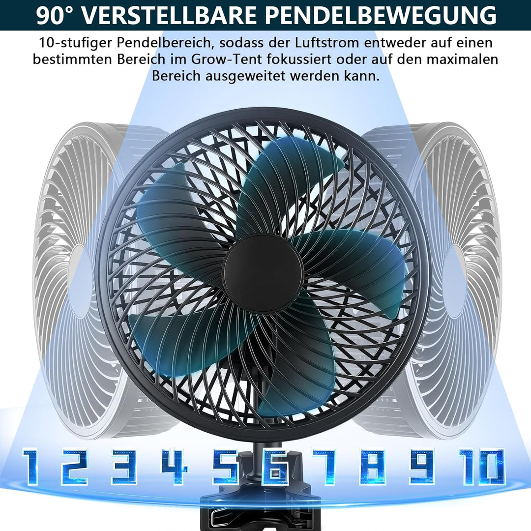 XIIW Grow Ventilator Oszillierend mit Clip, EC-Motor, 10 Stufen, 300 cm Kabel, 15 cm Durchmesser, 54