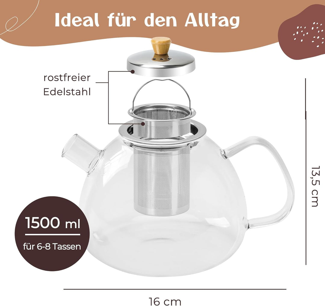 Glas Teekanne mit Siebeinsatz - 1,5 Liter - Erhöhte Glasstärke - Teekanne Glas - Teezubereiter für L