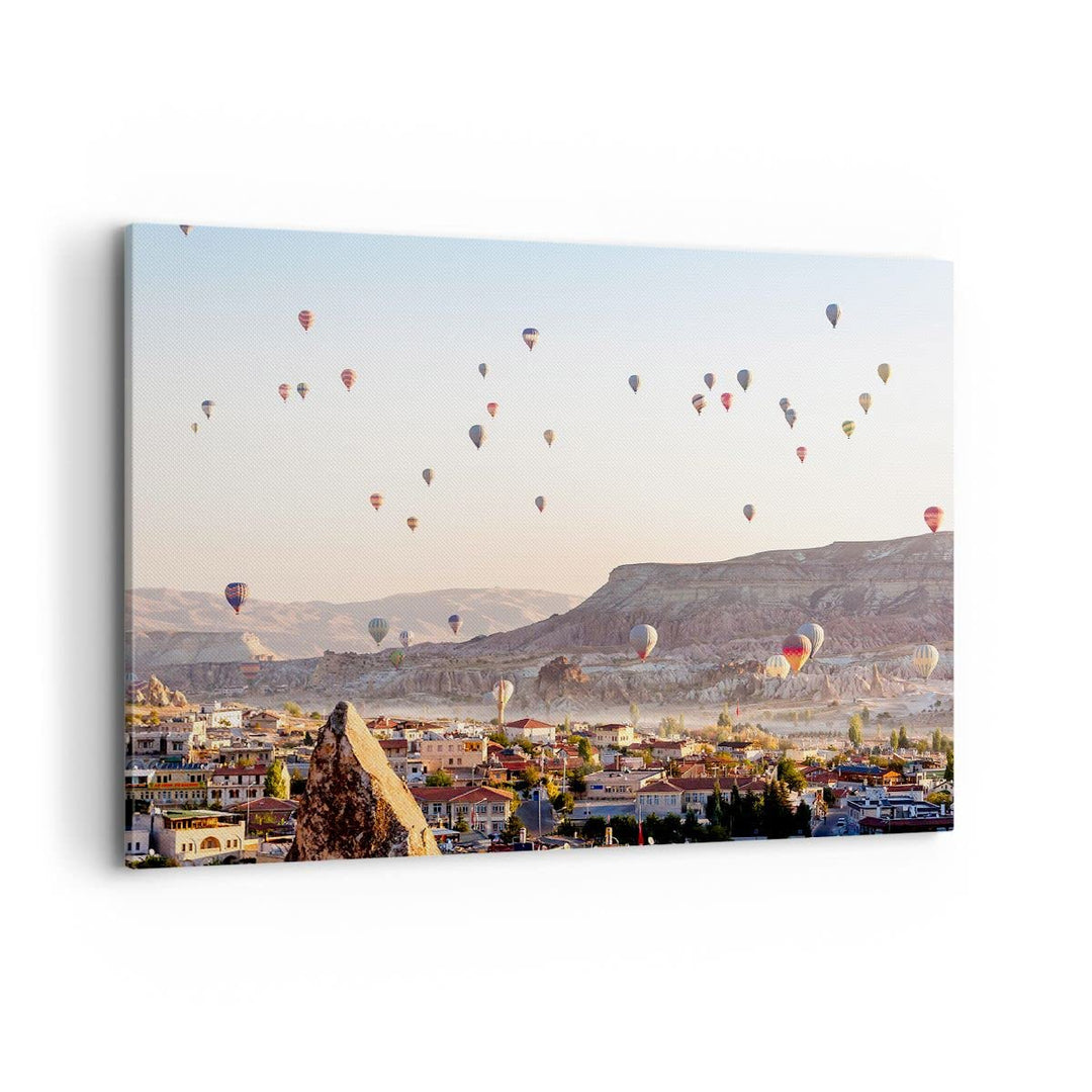 Bilder auf Leinwand 100x70cm Leinwandbild mit Rahmen Berge Ballon Flug Gross Wanddeko Bild Schlafzim