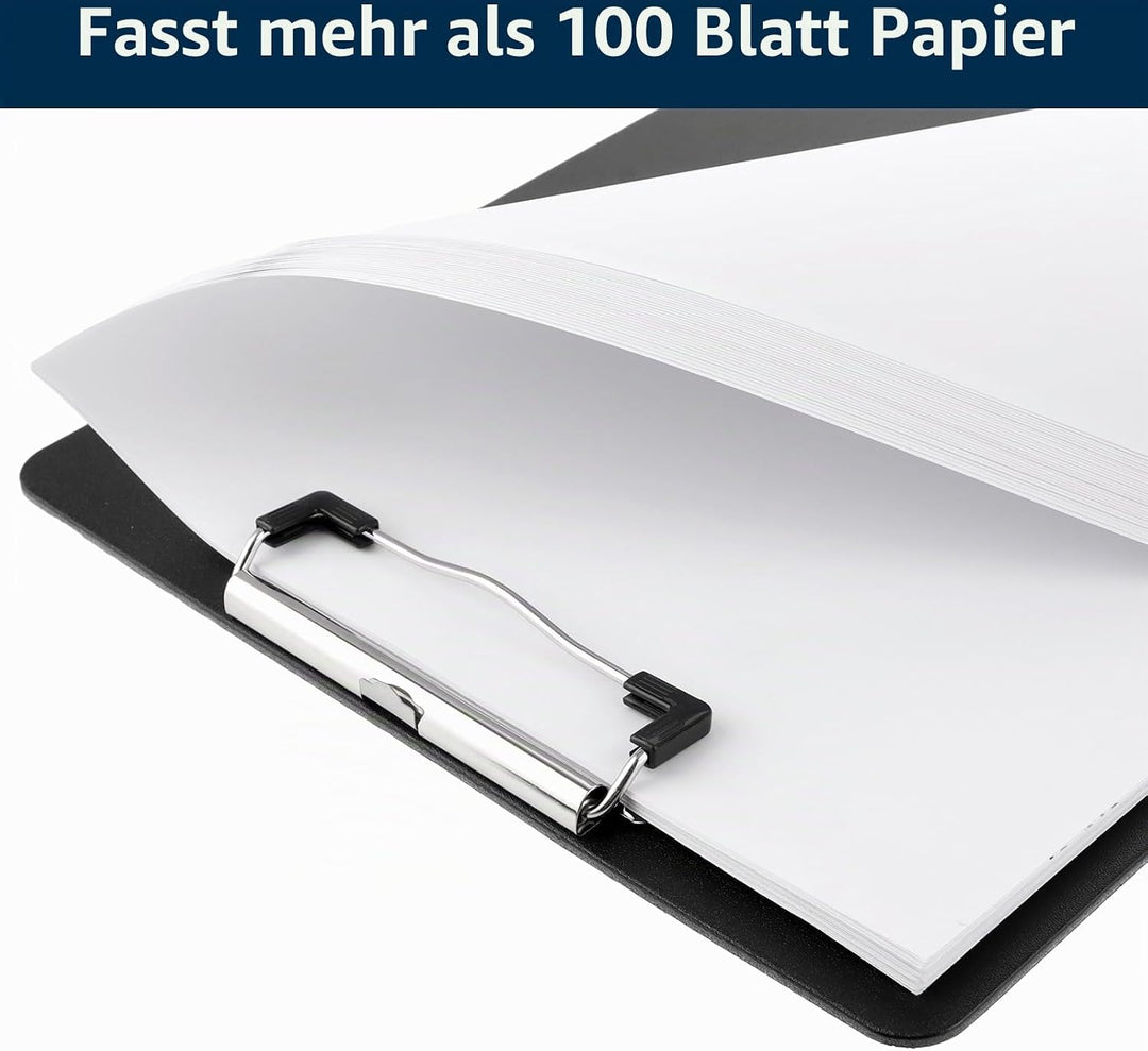 Kunststoff-Klemmbrett A4 mit Metallklemme und Aufhängeöse, schwarze Zwischenablage für Schule, Zuhau