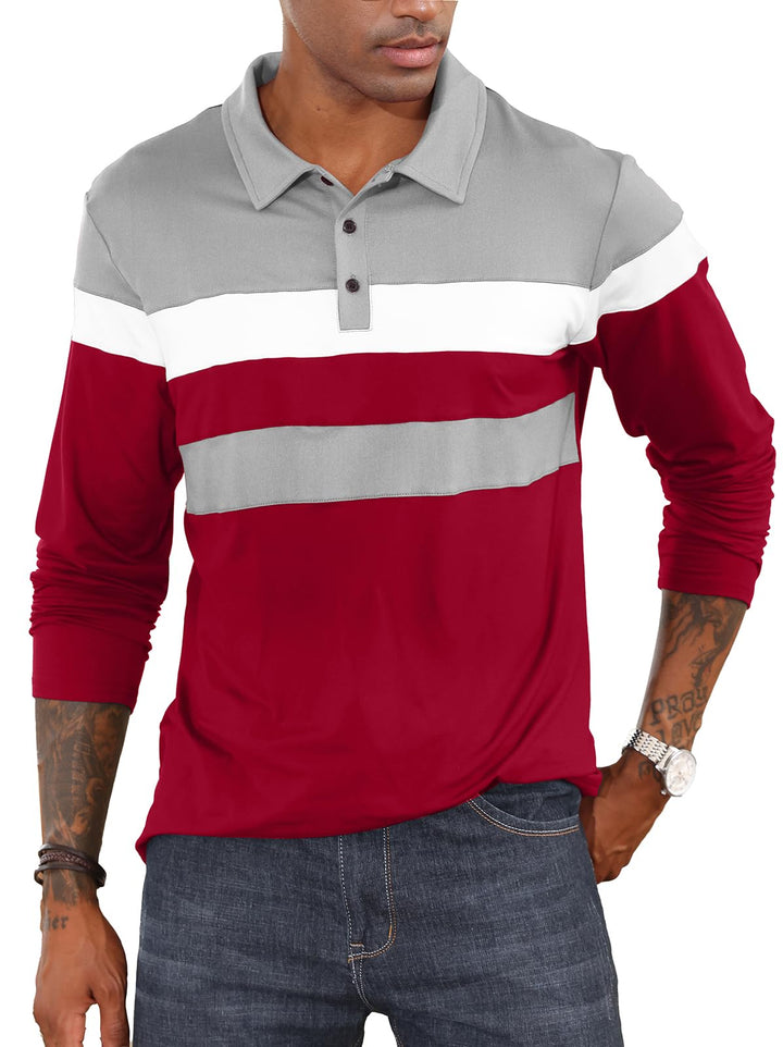 CTU Herren Polohemden Langarm Kontrastfarbiges Hemd Patchwork Hemd Golf Tennis Oberteile 3XL Rot, 3X