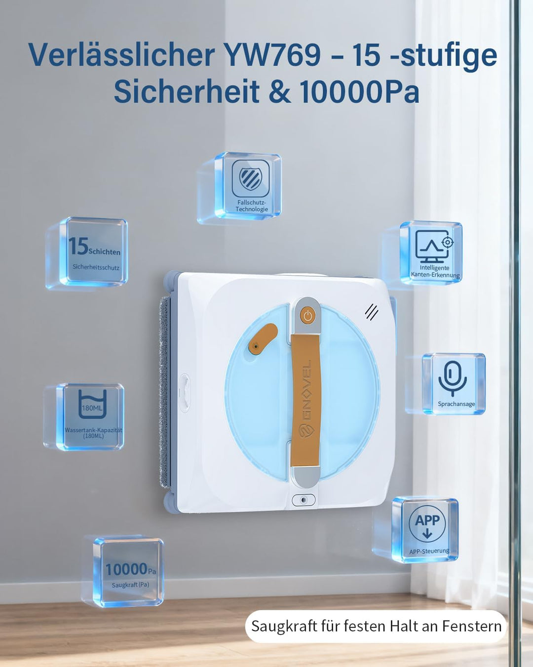Starker Fensterroboter mit 8000Pa Saugkraft, 4-in-1 Reinigungsmodi, 15-Fach Sicherheitssystem & 180m