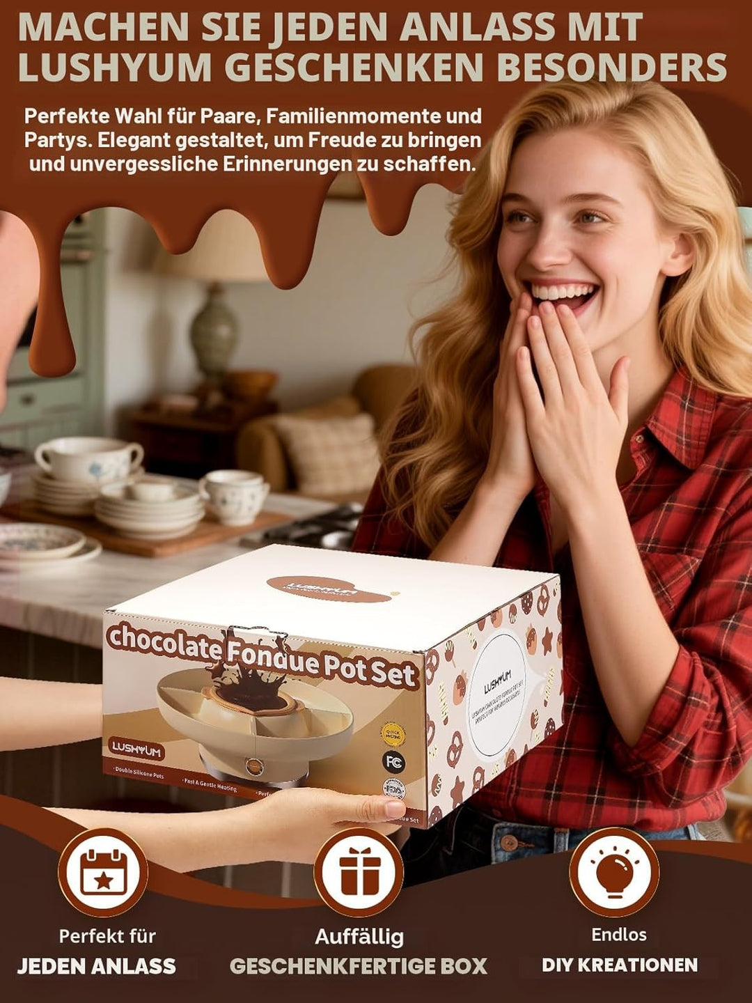 Schokofondue Set elektrisch, 800 ml Schokoladenschmelzer mit drehbarer Servierschale Fondueset, 4 Fä