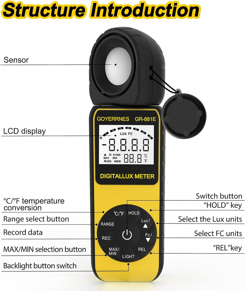 Lichtmessgerät Digitales Beleuchtungsstärkemessgerät, GR-881E Lux Messgerät Handmessgerät Umgebungst