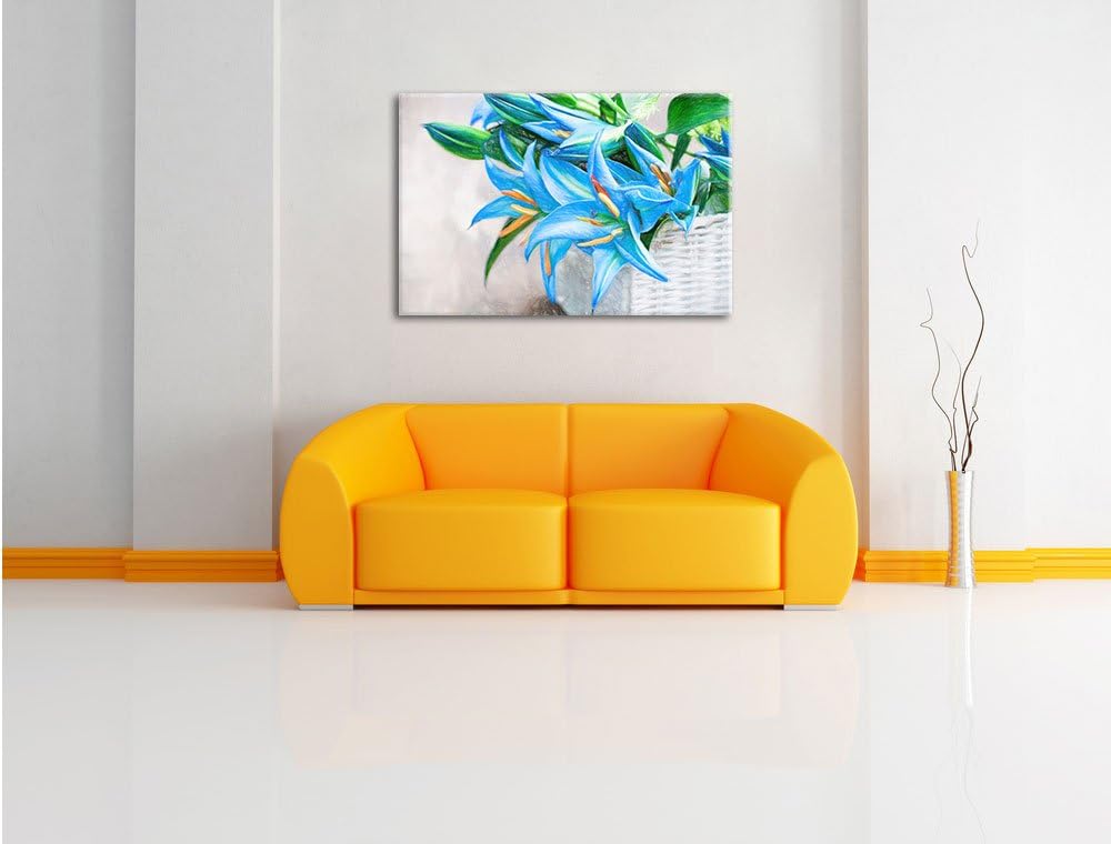 Pixxprint schöne Blaue Blumen im Körbchen Kunst Buntstift Effekt, Format: 100x70 auf Leinwand, 100x7