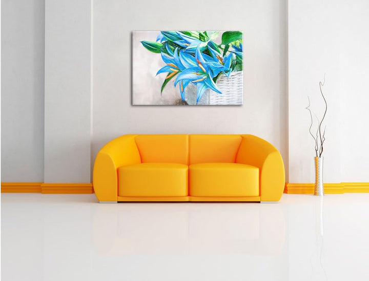 Pixxprint schöne Blaue Blumen im Körbchen Kunst Buntstift Effekt, Format: 100x70 auf Leinwand, 100x7