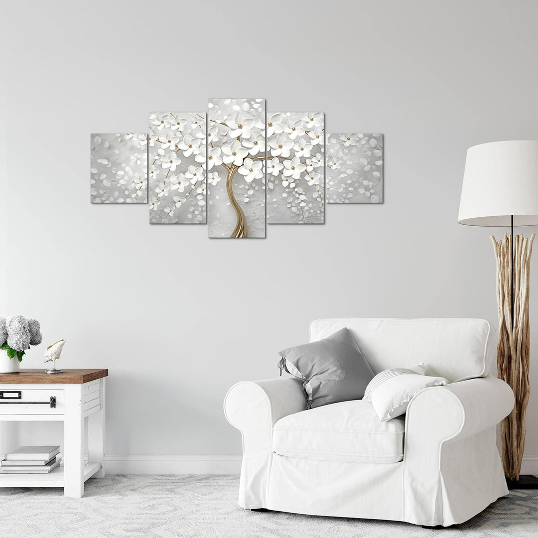 Runa Art Wandbilder Blumen 5 Teilig Bild auf Vlies Leinwand Deko Wohnzimmer Abstrakt Baum Weiss Gold
