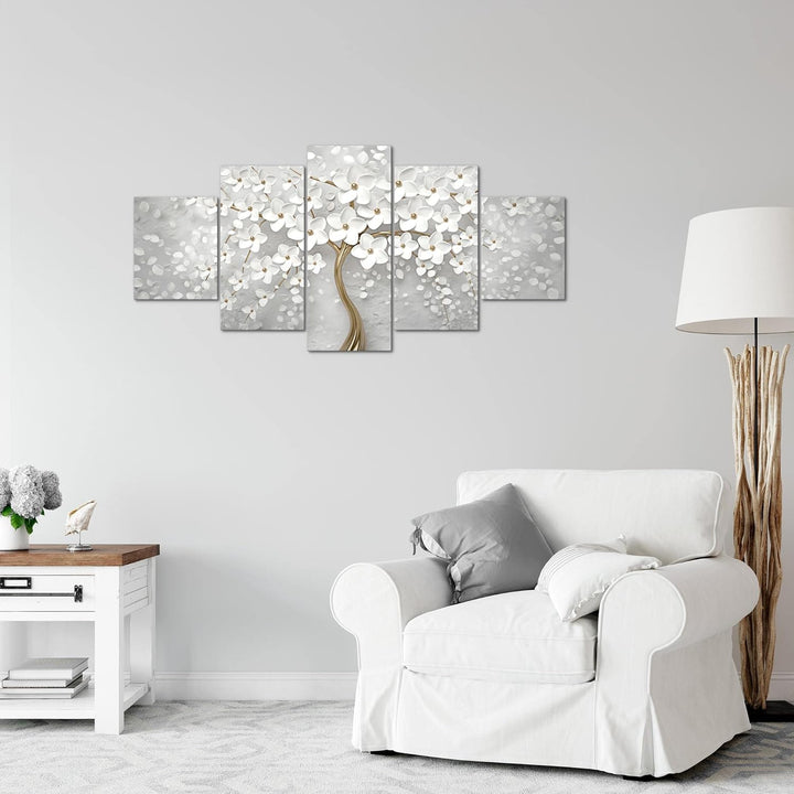 Runa Art Wandbilder Blumen 5 Teilig Bild auf Vlies Leinwand Deko Wohnzimmer Abstrakt Baum Weiss Gold