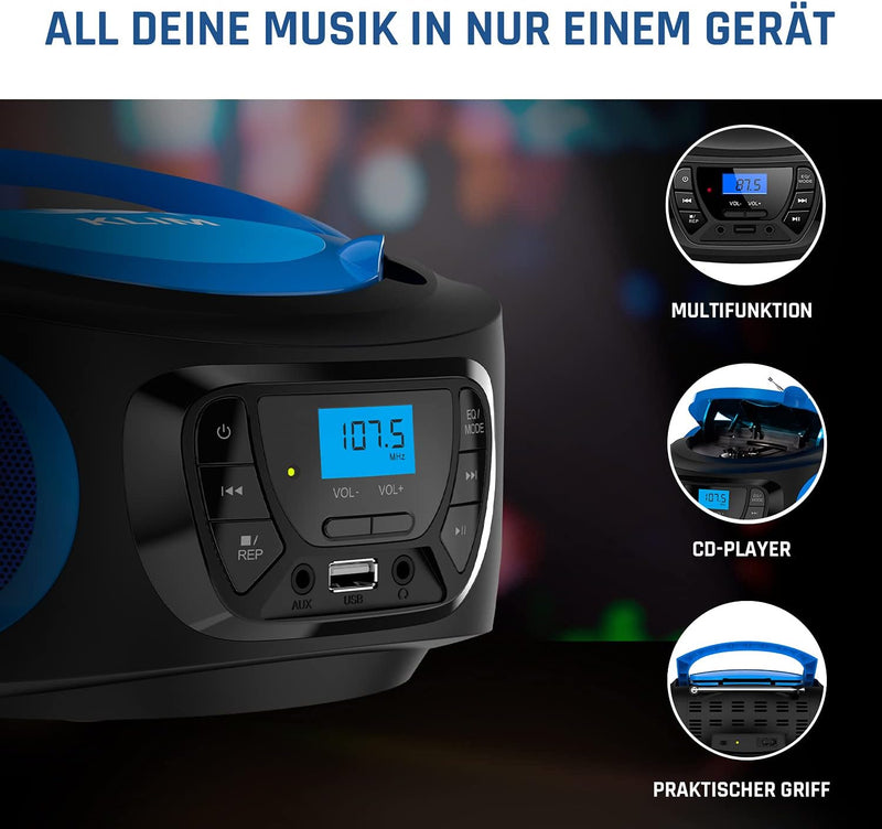 KLIM Boombox Radio mit CD Player - NEU 2024 - FM-Radio, CD Player, Bluetooth, MP3, USB, AUX - Inklus