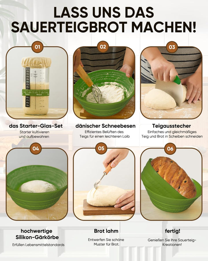 Sauerteig Starterset aus 2x Gärkörbchen Silikon 1000ml Gärglas mit Spatel,Brot Backen Zubehör Teigsc