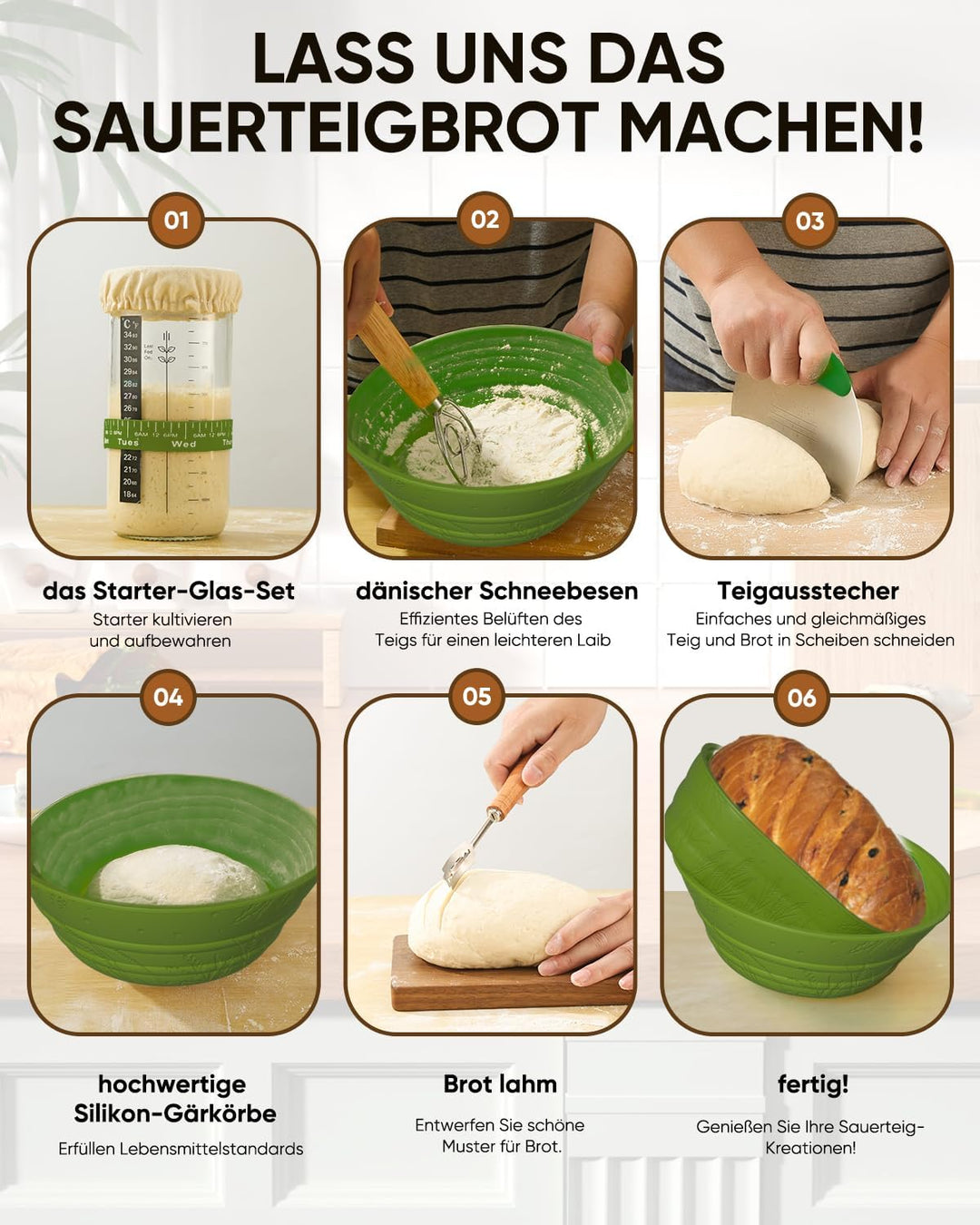 Sauerteig Starterset aus 2x Gärkörbchen Silikon 1000ml Gärglas mit Spatel,Brot Backen Zubehör Teigsc