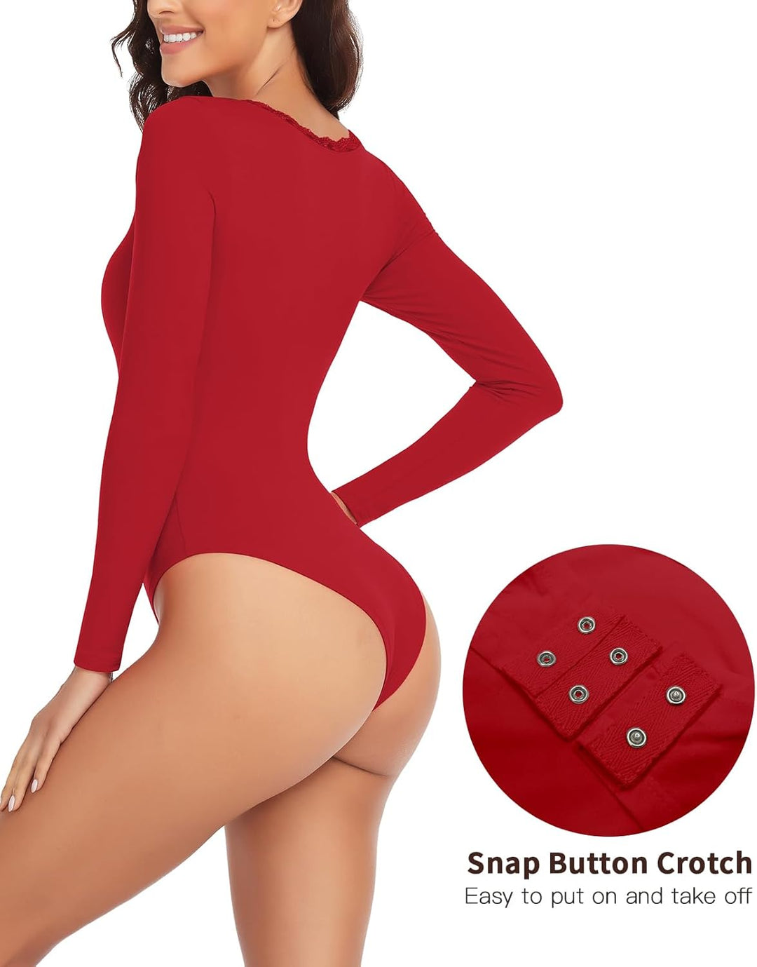 WOWENY Thermo Body Damen Langarm Elegant Langarmbody mit Spitze V-ausschnitt Fleece Bodysuit Warm Be