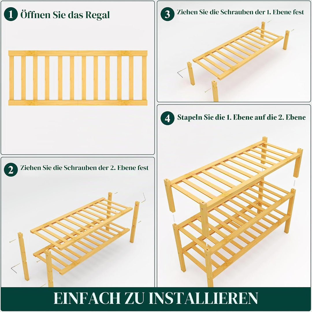 smiry Schuhregal mit 3 Ebenen, Platzsparende Schuhablage, Stapelbar Schuhorganizer, Bambus Regal für