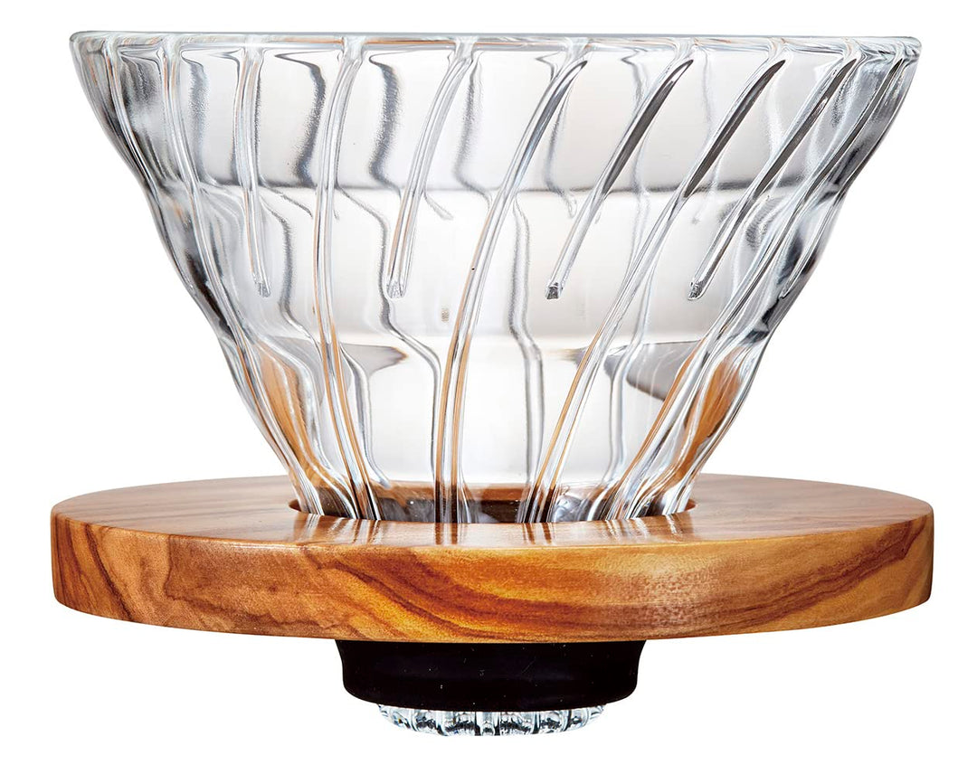 HARIO V60 Hitzebeständiges Glas Transparent Kaffee Tropfer Olivenholz 02 Kaffee Drip für 1-4 Tassen