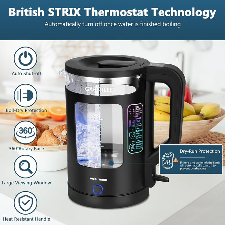 Glas Wasserkocher 1,7 Liter, 3000W mit Warmhaltefunktion, blaue LED Innenbeleuchtung, 360° drehbarer