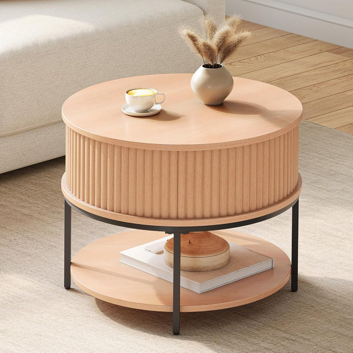 YITAHOME Couchtisch Höhenverstellbar, Couchtisch Rund mit geriffeltem Design und verstecktem Staurau