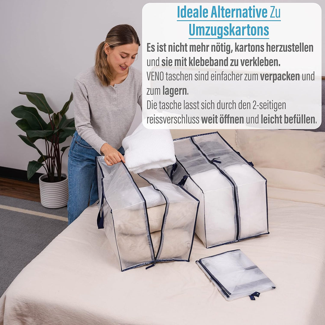 VENO 2-er Pack extra grosse Umzugstaschen mit Rucksackgurten, Umzugshelfer, starke Griffe und Reissv