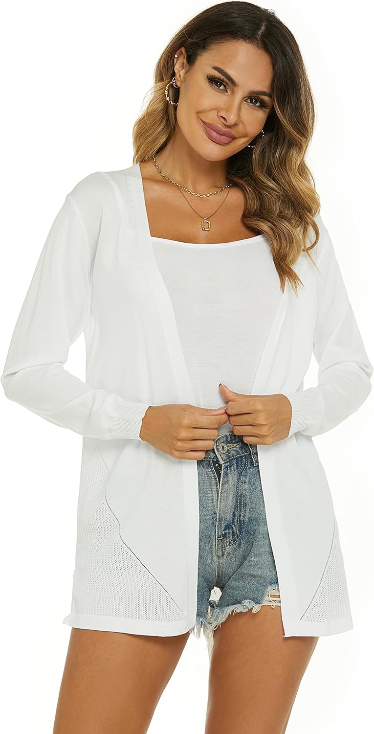 Damen Strickjacke Sommer Cardigan Elegant Lang Jacke Leichte Langarm Offene Strickjacke Sommerjacke