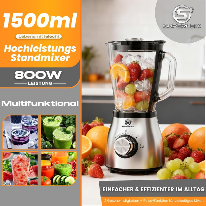 Standmixer 800W Hochleistungsmixer mit 1,5L Glasbehälter 2 Geschwindigkeitsstufen Plus Pulse Edelsta