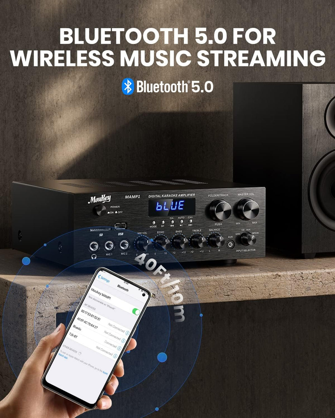 Verstärker, Moukey Bluetooth Leistungsverstärker Dual Kanal Audio Stereo Receiver mit USD, SD, AUX,