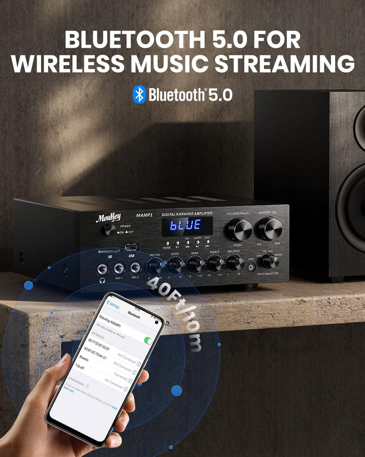 Verstärker, Moukey Bluetooth Leistungsverstärker Dual Kanal Audio Stereo Receiver mit USD, SD, AUX,